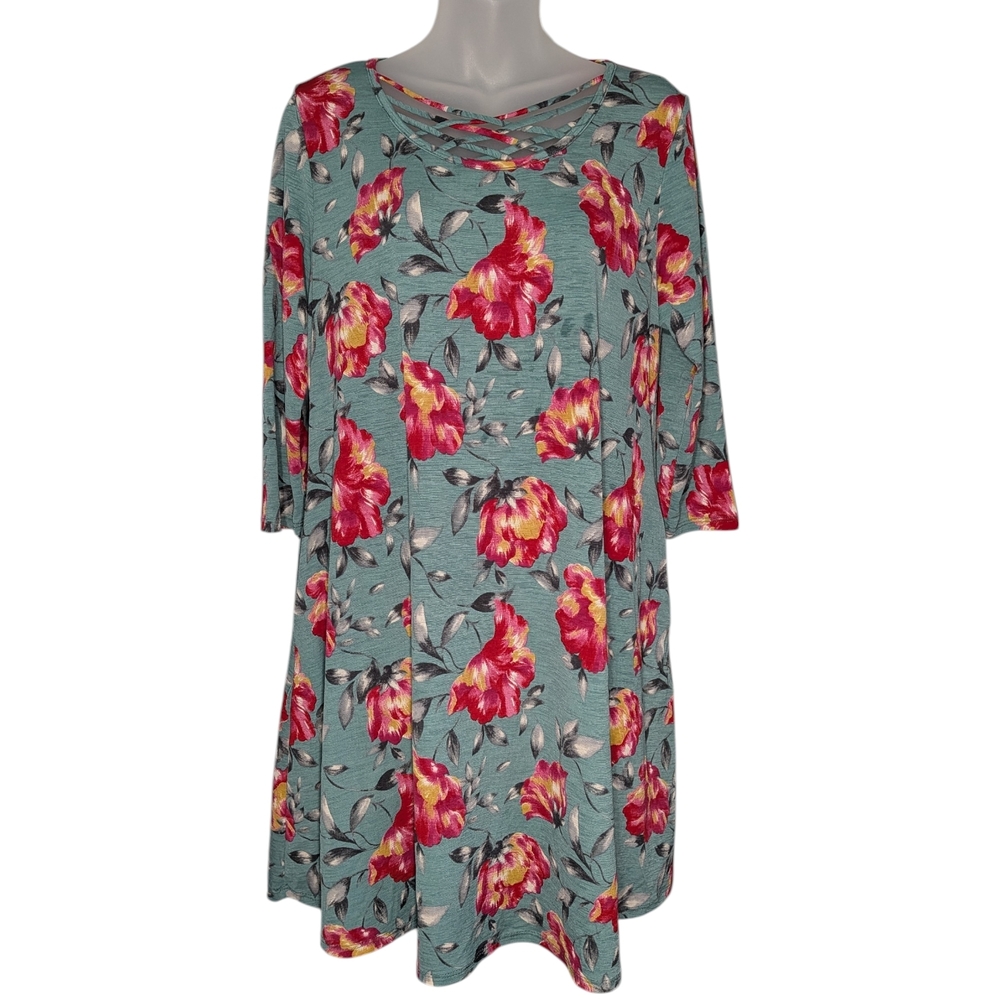 Honeyme Oversized Small Lightweight 3/4 Sleeve Floral Spring Dress Teal Pink